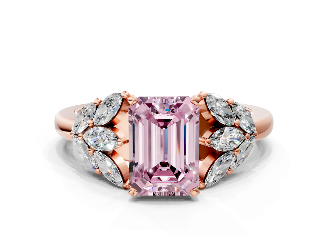 Rose gold Fancy Pink Emerald  Diamond Cluster Leaf Design Ring with Prong Setting_69