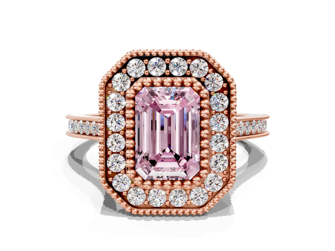 Rose gold Fancy Pink Emerald  Diamond Halo Ring with Milgrain Frame and Pavé Band_76