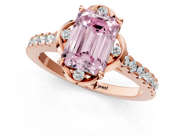 Rose Gold Emerald Cut Floral Petal Pave Engagement Ring Setting for Fancy Pink Center