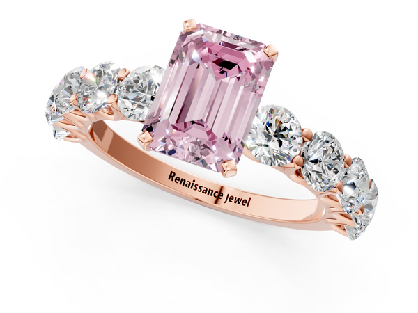 Rose gold Fancy Pink Emerald Cut Diamond Prong Setting with Side Stones on a Pave Band
