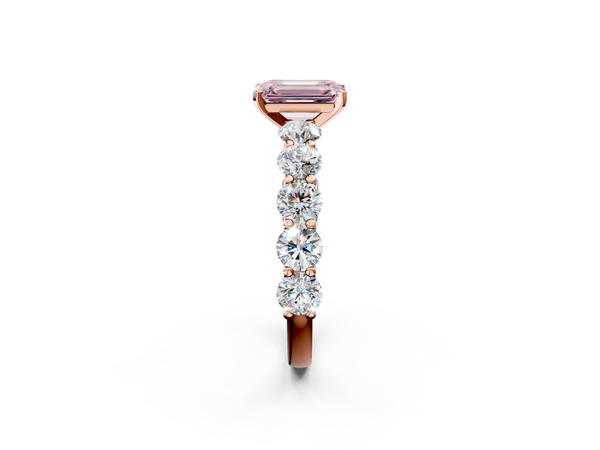 Rose gold Fancy Pink Emerald Cut Diamond Prong Setting with Side Stones on a Pave Band