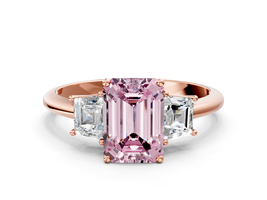 Rose gold Fancy Pink Emerald  Diamond Three-Stone Ring with Trapezoid Side Stones and Prong Setting_17