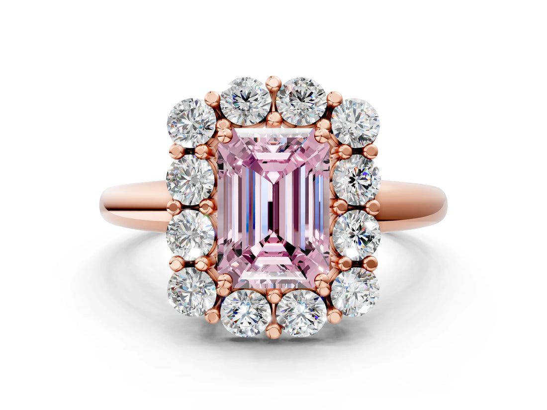 Rose gold Fancy Pink Emerald  Halo Cluster Diamond Engagement Ring with Prong Setting and Polished Band_81