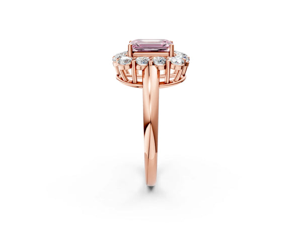 Rose gold Fancy Pink Emerald  Halo Cluster Diamond Engagement Ring with Prong Setting and Polished Band