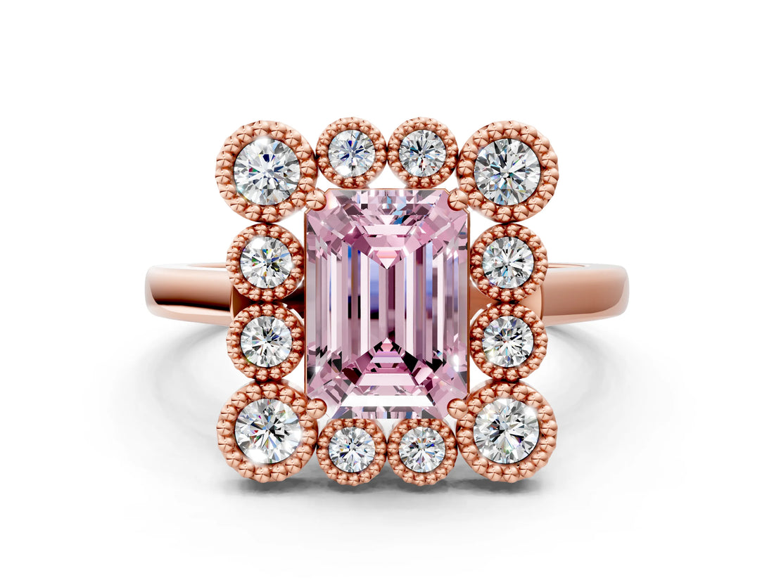 Rose gold Fancy Pink Emerald  Halo Diamond Cluster Engagement Ring with Milgrain Bezel Setting and Solitaire Band_39