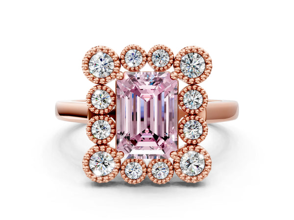 Rose gold Fancy Pink Emerald  Halo Diamond Cluster Engagement Ring with Milgrain Bezel Setting and Solitaire Band