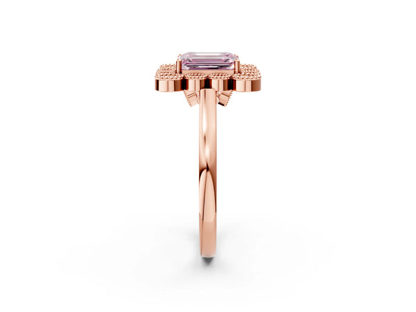 Rose gold Fancy Pink Emerald  Halo Diamond Cluster Engagement Ring with Milgrain Bezel Setting and Solitaire Band