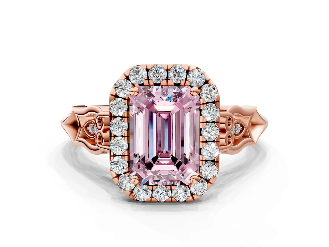 Rose gold Fancy Pink Emerald  Halo Diamond Engagement Ring with Filigree Band and Four-Prong Setting_81