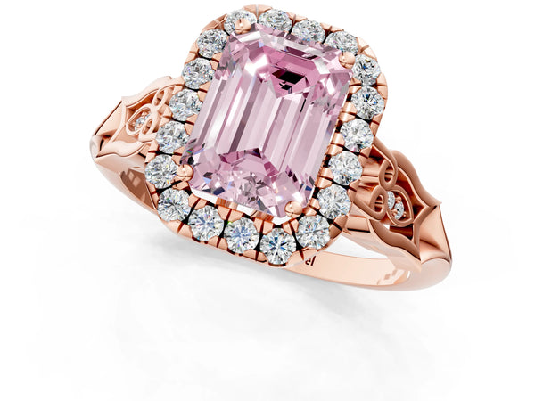 Rose gold Fancy Pink Emerald  Halo Diamond Engagement Ring with Filigree Band and Four-Prong Setting