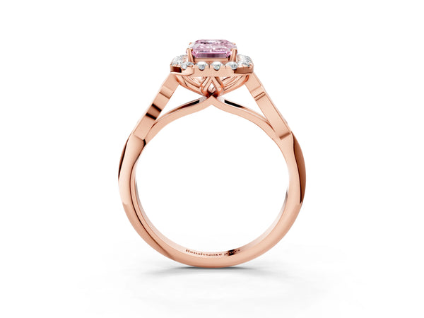 Rose gold Fancy Pink Emerald  Halo Diamond Engagement Ring with Filigree Band and Four-Prong Setting
