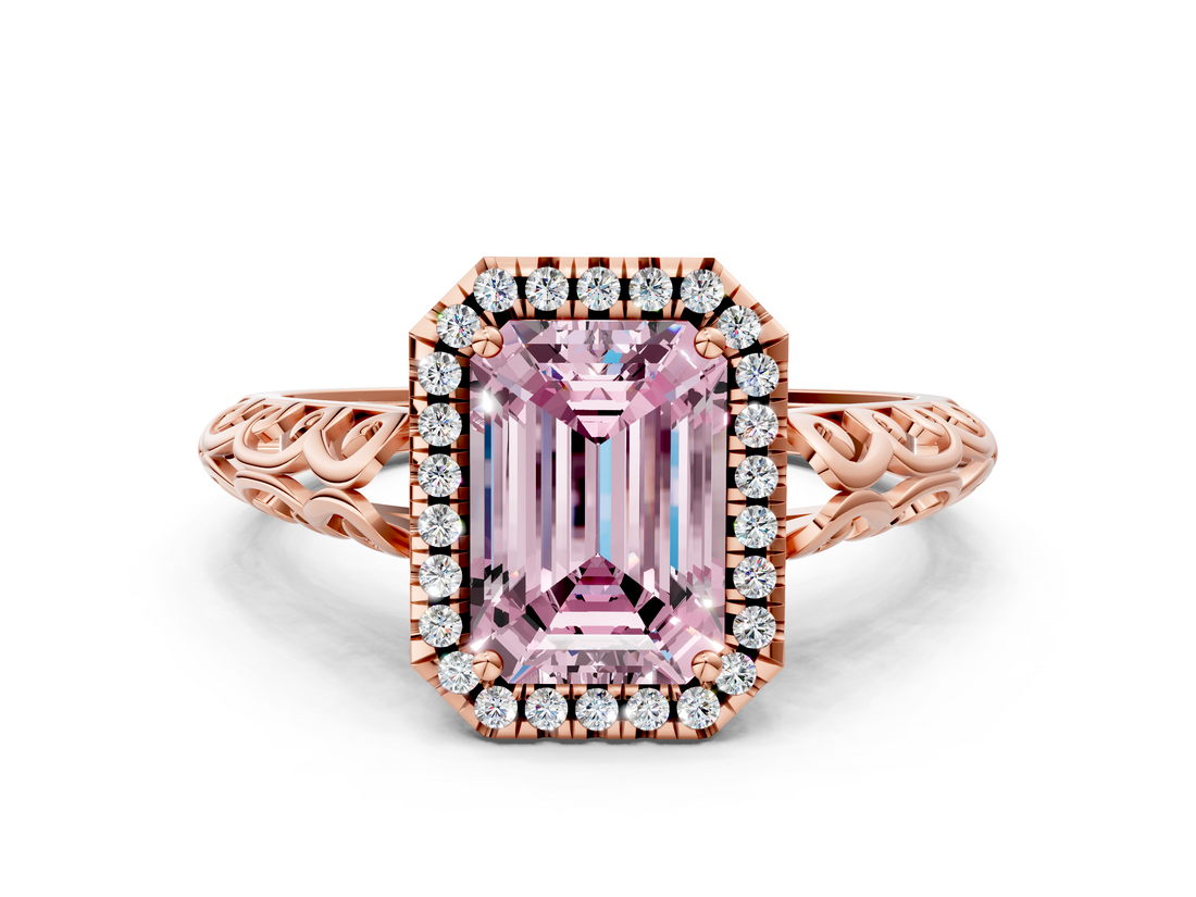 Rose gold Fancy Pink Emerald  Halo Diamond Engagement Ring with Intricate Filigree Band and Four-Prong Setting_38