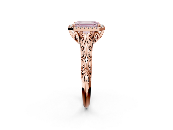 Rose gold Fancy Pink Emerald  Halo Diamond Engagement Ring with Intricate Filigree Band and Four-Prong Setting