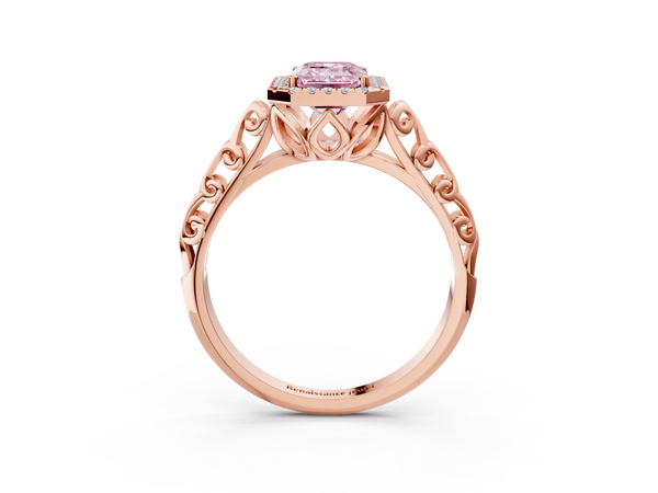 Rose gold Fancy Pink Emerald  Halo Diamond Engagement Ring with Intricate Filigree Band and Four-Prong Setting
