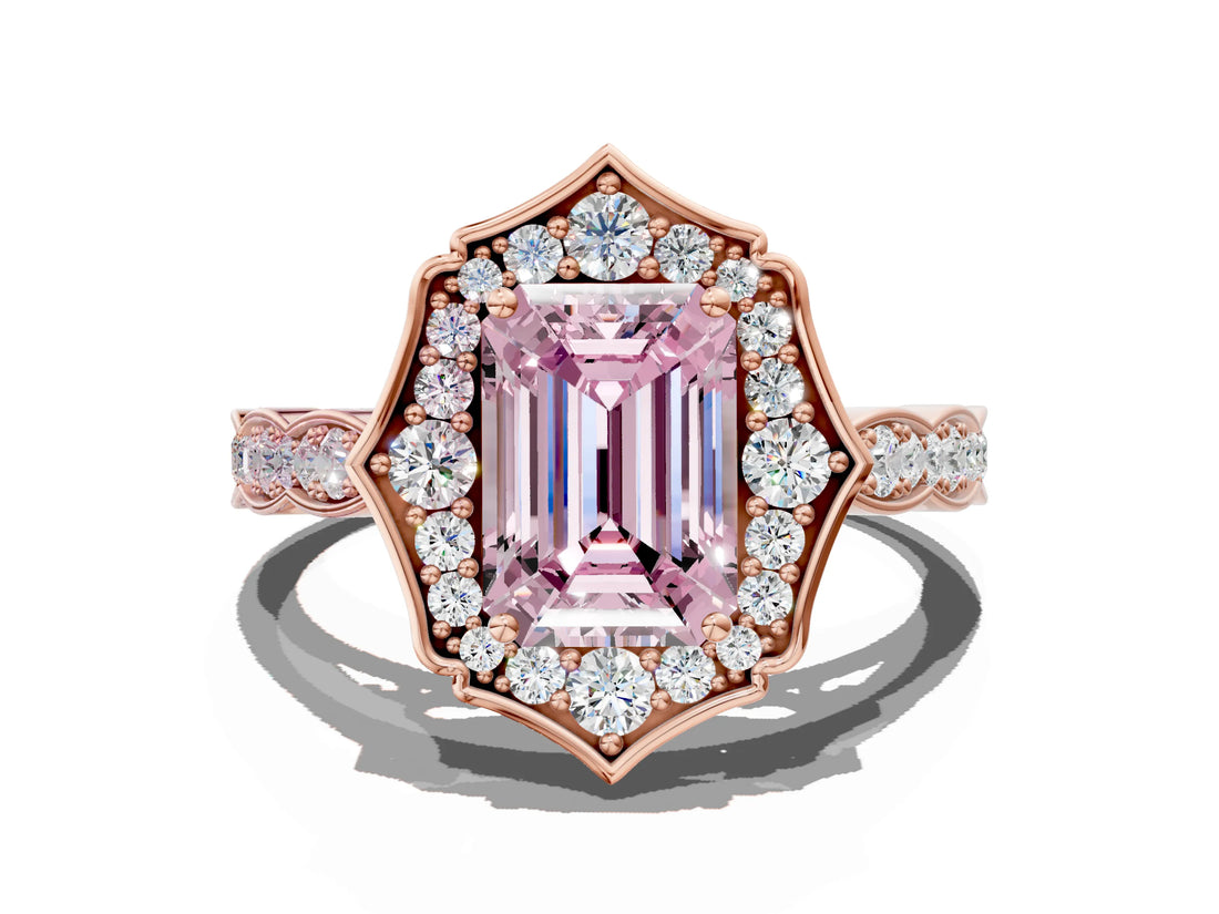Rose gold Fancy Pink Emerald  Halo Diamond Engagement Ring with Milgrain Band and Four-Prong Setting_37