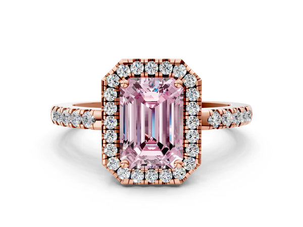 Rose gold Fancy Pink Emerald  Halo Diamond Engagement Ring with Pavé Band and Four-Prong Setting