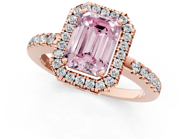 Rose gold Fancy Pink Emerald  Halo Diamond Engagement Ring with Pavé Band and Four-Prong Setting
