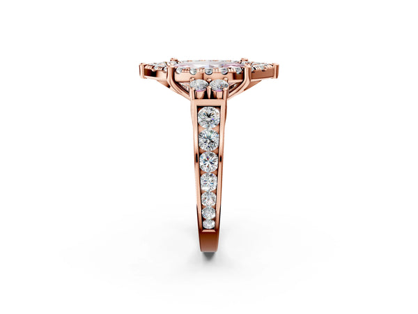 Rose gold Fancy Pink Emerald  Halo Diamond Engagement Ring with Split Shank and Four-Prong Setting