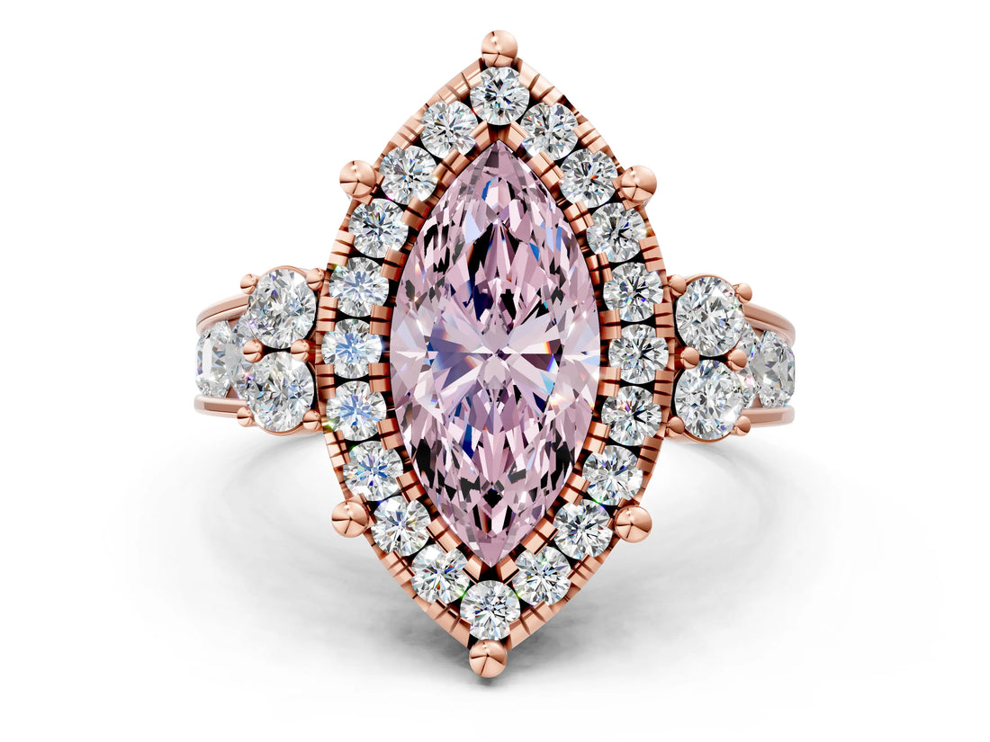 Rose gold Fancy Pink Emerald  Halo Diamond Engagement Ring with Split Shank and Four-Prong Setting