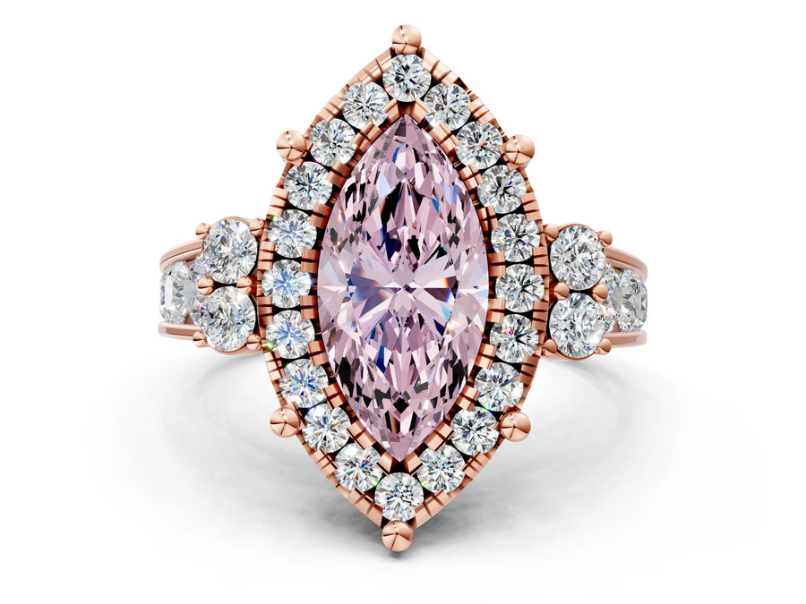 Rose gold Fancy Pink Emerald  Halo Diamond Engagement Ring with Split Shank and Four-Prong Setting