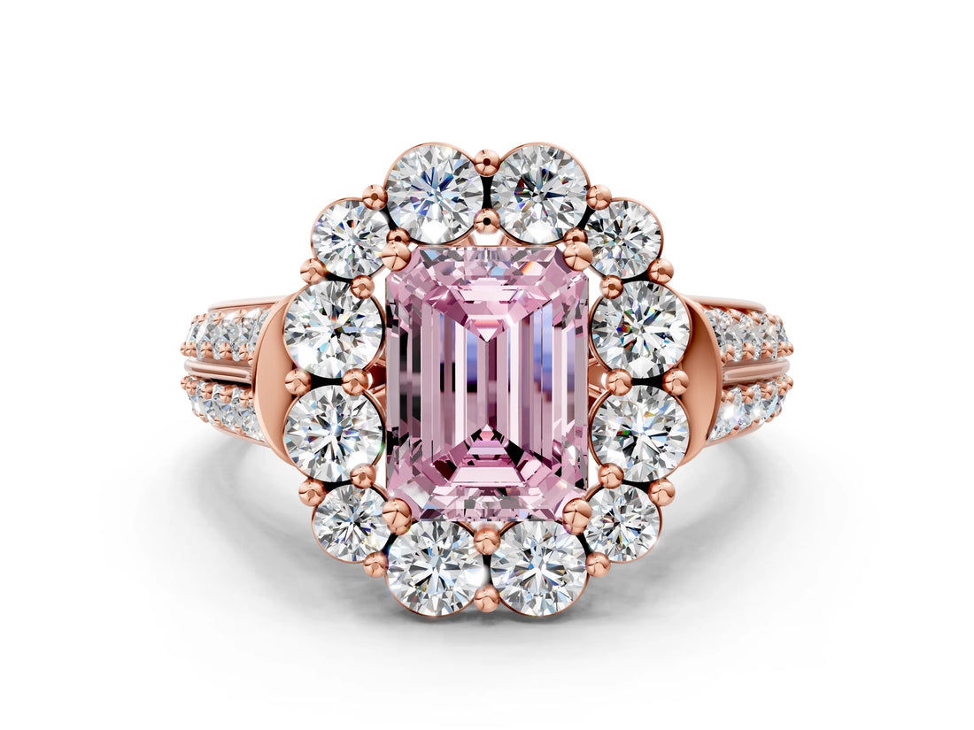 Rose gold Fancy Pink Emerald  Halo Diamond Engagement Ring with Split Shank and Prong Setting_65