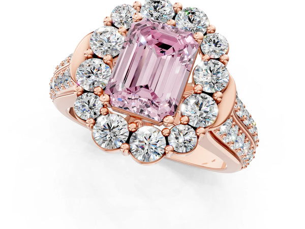 Rose gold Fancy Pink Emerald  Halo Diamond Engagement Ring with Split Shank and Prong Setting