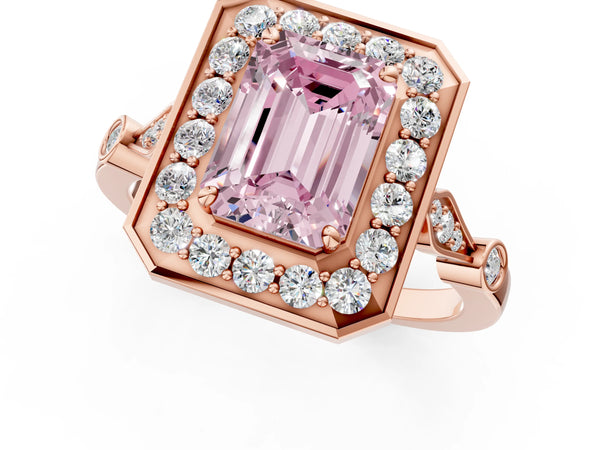 Rose gold Fancy Pink Emerald  Halo Diamond Engagement Ring with Twisted Band and Four-Prong Setting