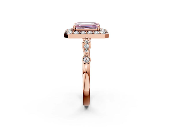 Rose gold Fancy Pink Emerald  Halo Diamond Engagement Ring with Twisted Band and Four-Prong Setting