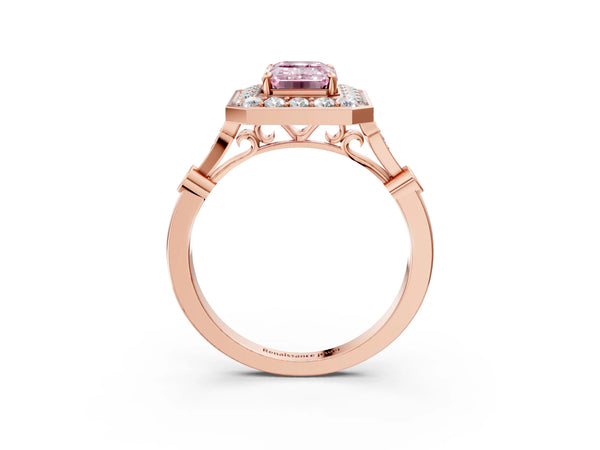 Rose gold Fancy Pink Emerald  Halo Diamond Engagement Ring with Twisted Band and Four-Prong Setting
