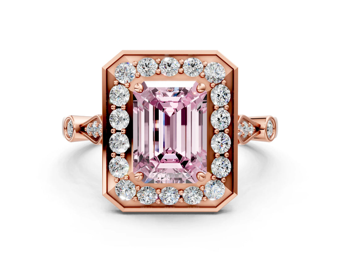 Rose gold Fancy Pink Emerald  Halo Diamond Engagement Ring with Twisted Band and Four-Prong Setting