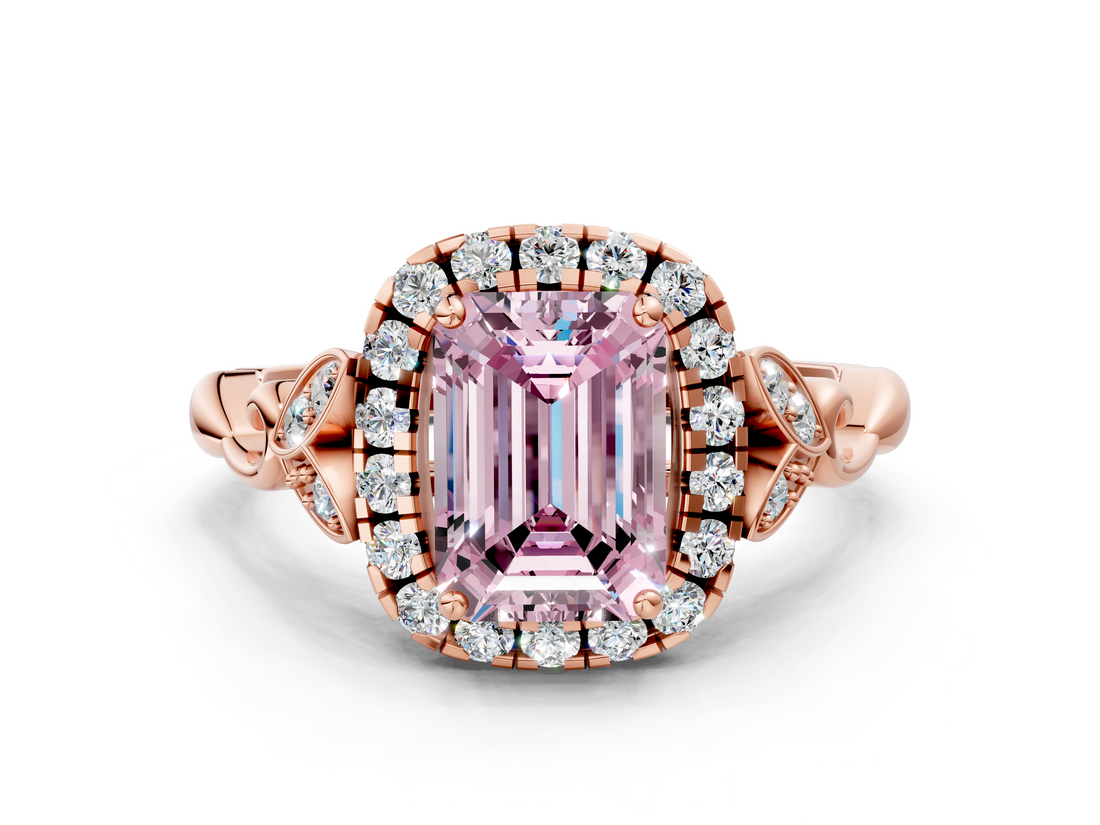 Rose gold Fancy Pink Emerald  Halo Diamond Engagement Ring with Vintage-Inspired Band and Four-Prong Setting_3