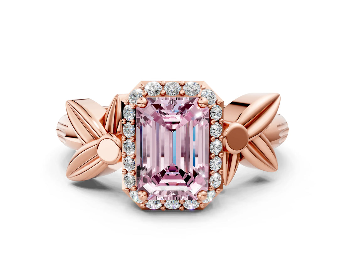 Rose gold Fancy Pink Emerald  Halo Diamond Floral Band with Four-Prong Setting_55