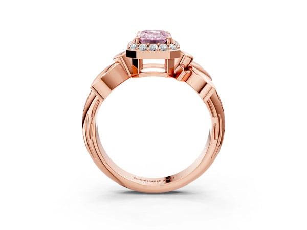 Rose Gold Emerald Cut Halo Engagement Ring Setting for Fancy Pink Center with Floral Leaf Shoulders