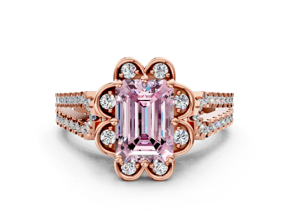 Rose gold Fancy Pink Emerald  Halo Diamond Floral Split Shank Engagement Ring 1