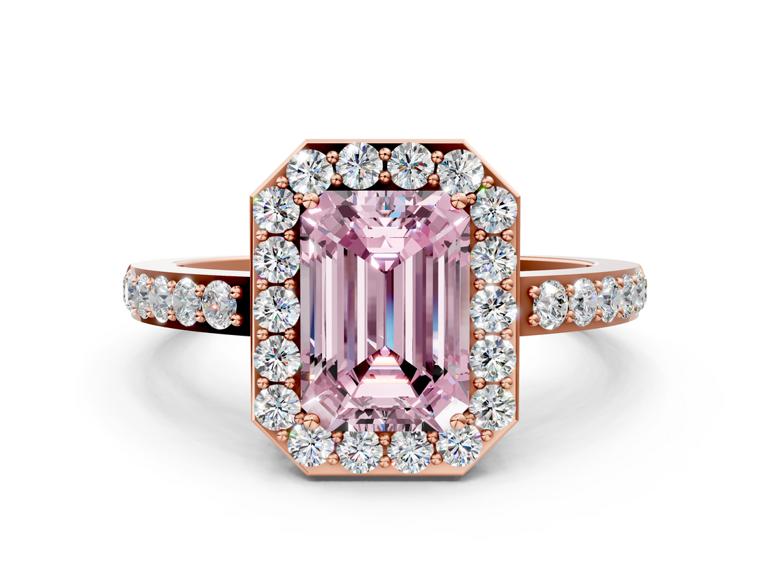 Rose gold Fancy Pink Emerald  Halo Diamond Pavé Band Ring with Prong Setting_20