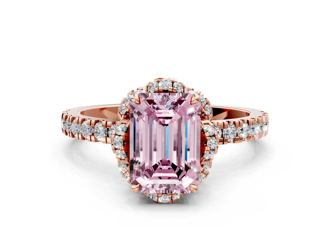 Rose gold Fancy Pink Emerald  Halo Diamond Pave Band Ring with Four-Prong Setting_15