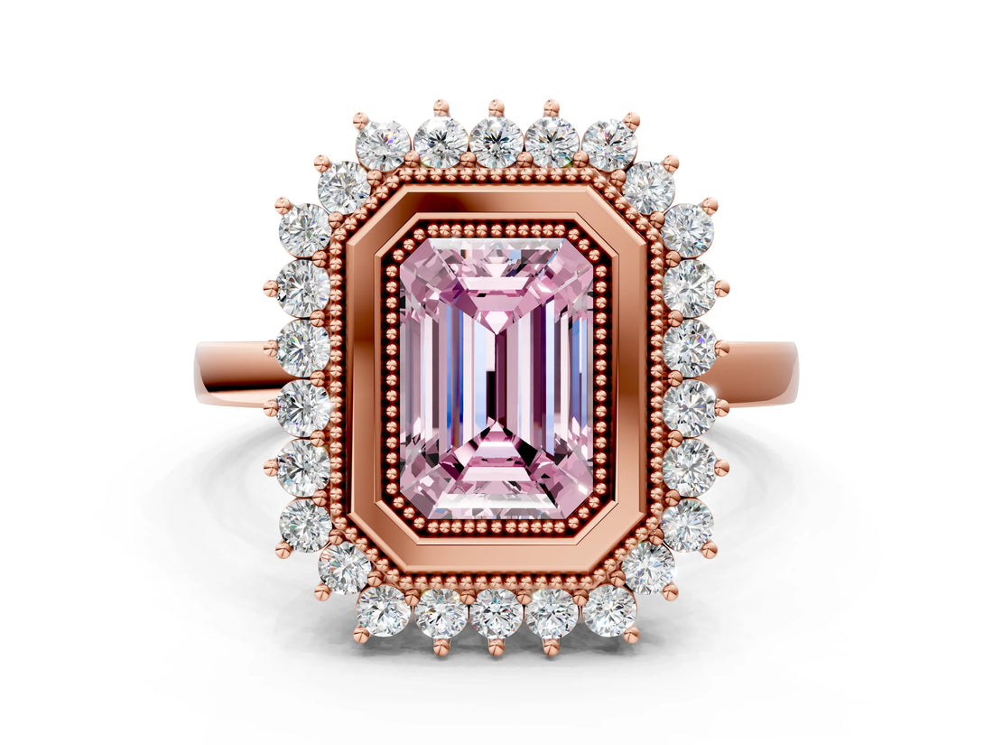 Rose gold Fancy Pink Emerald  Halo Diamond Ring with Milgrain Edge and Round Prong Setting_26