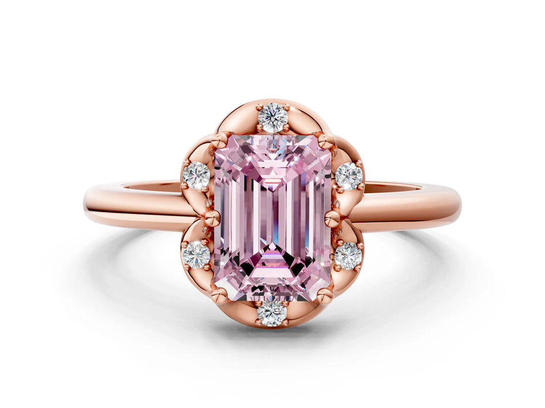 Rose gold Fancy Pink Emerald  Halo Diamond Ring with Round Cluster Setting, Solitaire Band, and Four-Prong Setting_49