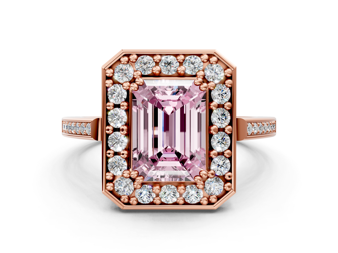 Rose gold Fancy Pink Emerald  Halo Diamond Ring with Split Shank and Four-Prong Setting_32