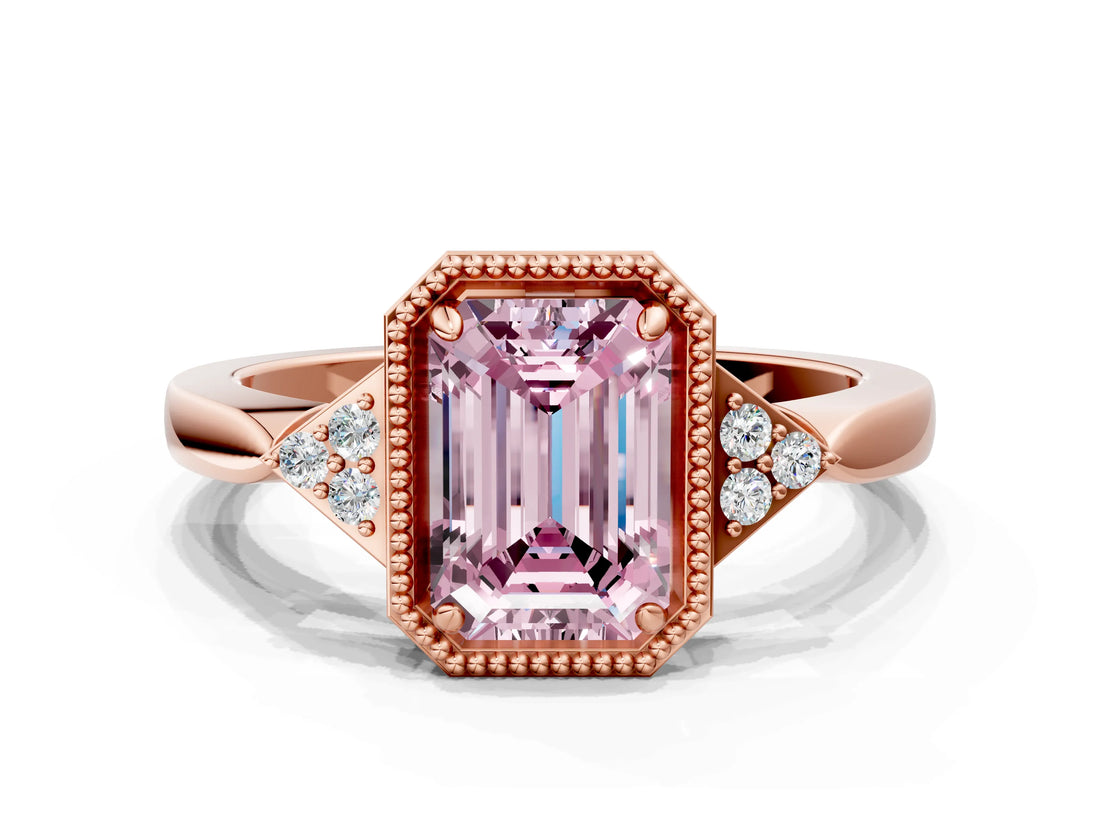 Rose gold Fancy Pink Emerald  Halo Diamond Ring with Tapered Band and Four-Prong Setting_3