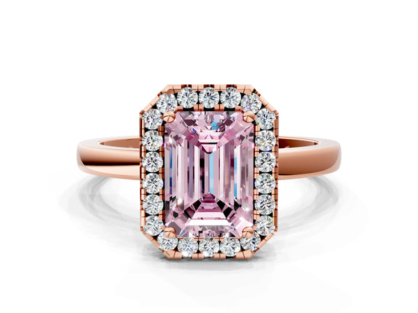 Rose gold Fancy Pink Emerald  Halo Diamond Solitaire with Pavé Band and Four-Prong Setting