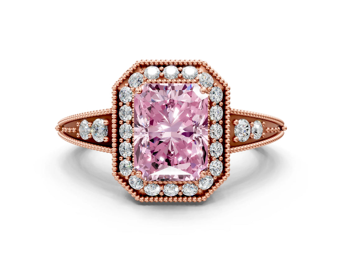 Rose gold Fancy Pink Emerald  Halo Diamond Split Shank Ring with Milgrain Detail_49