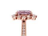 Rose gold Fancy Pink Emerald  Halo Milgrain Pave Diamond Ring with Four-Prong Setting