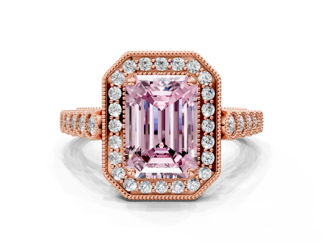 Rose gold Fancy Pink Emerald  Halo Milgrain Solitaire with Bezel Set Side Stones and Pave Band_35
