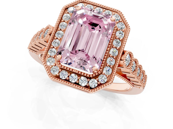 Rose gold Fancy Pink Emerald  Halo Milgrain Solitaire with Bezel Set Side Stones and Pave Band