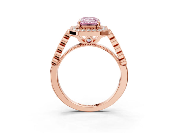 Rose gold Fancy Pink Emerald  Halo Milgrain Solitaire with Bezel Set Side Stones and Pave Band