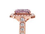 Rose gold Fancy Pink Emerald  Halo Milgrain Solitaire with Bezel Set Side Stones and Pave Band_40