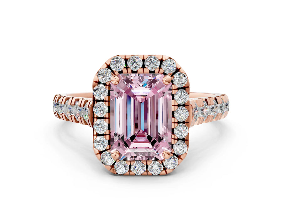 Rose gold Fancy Pink Emerald  Halo Pavé Diamond Engagement Ring with Four-Prong Setting