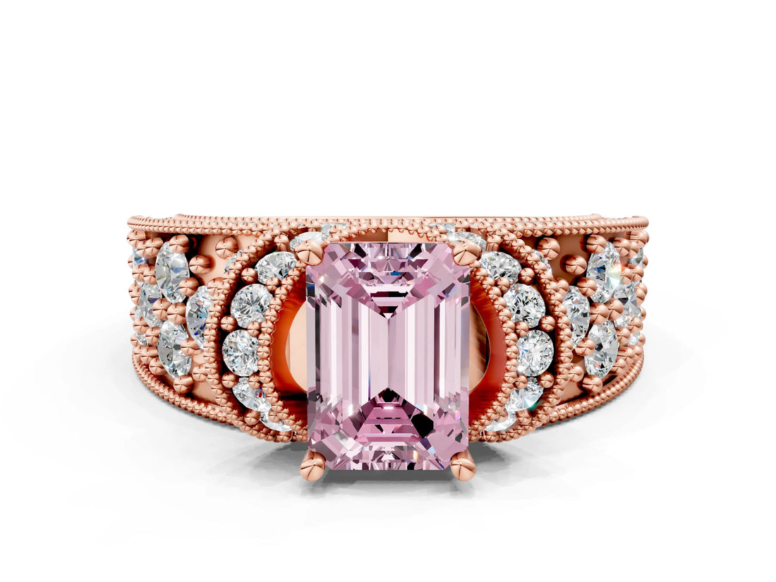 Rose gold Fancy Pink Emerald  Halo Pave Diamond Engagement Ring with Milgrain Detailing_48