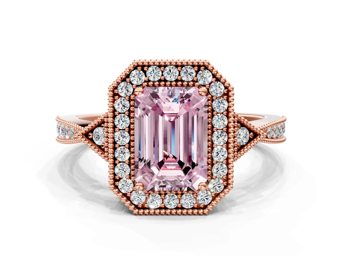 Rose gold Fancy Pink Emerald  Halo Round Diamond Milgrain Pave Engagement Ring_3