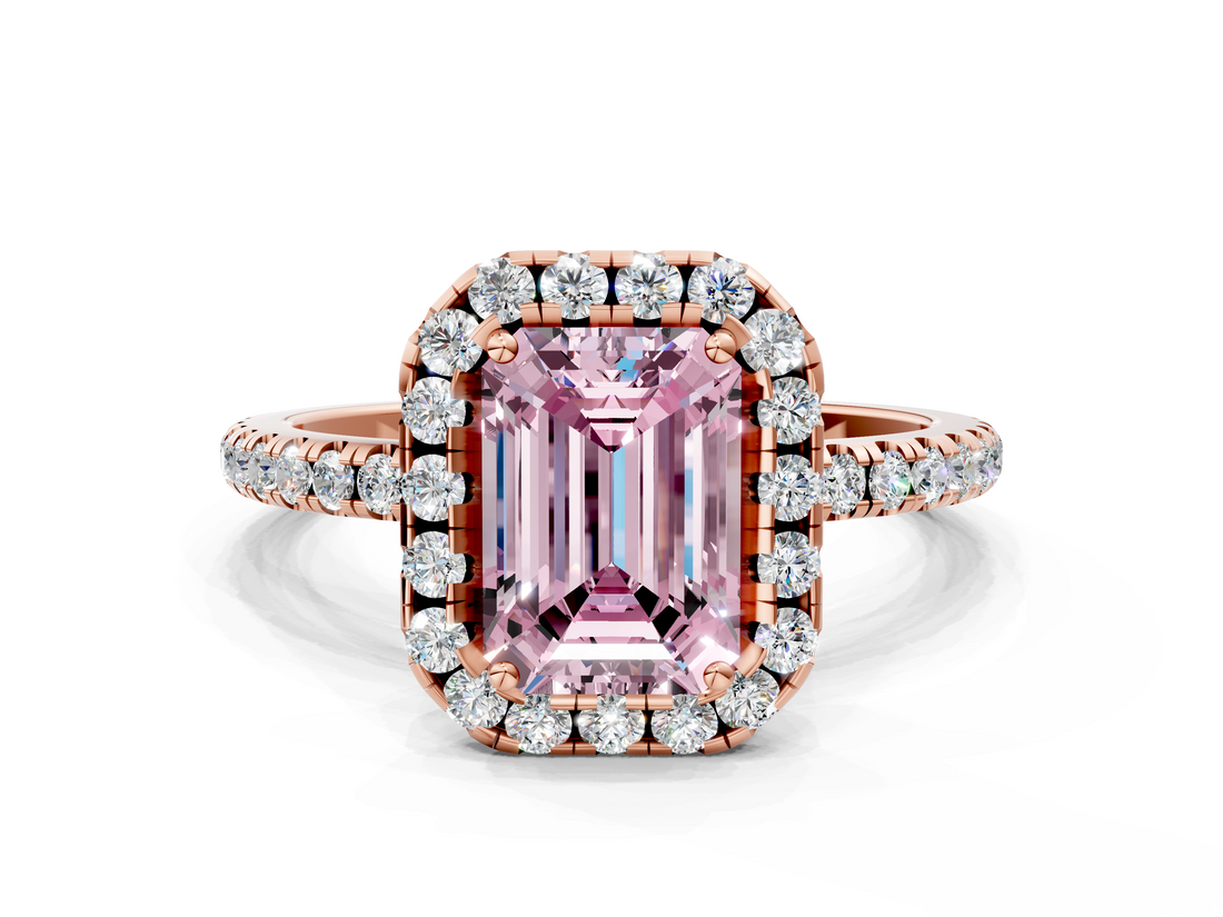 Rose gold Fancy Pink Emerald  Halo Round Diamond Pavé Band Four-Prong Ring_3